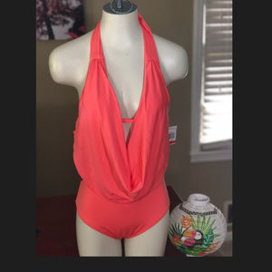 Bar III Draped One Piece Swimsuit Orange Med SW8